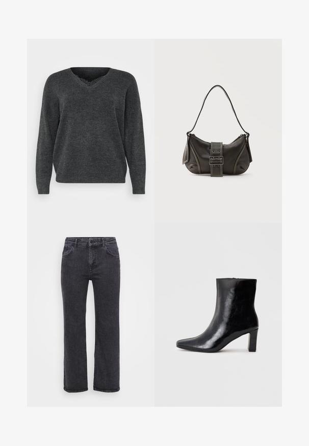 Mørkegrå strikket sweater med v-hals, lange ærmer og afslappet pasform. Blød tekstur, minimal detaljering og en glat overflade.; Sorte denim jeans med lige ben design, fem lommer og knaplukning. Stoffet har en let falmet tekstur og robust syning.; Sorte ankelstøvler lavet af blank læder, med spidse tæer og en mellemstor blokhæl, med en glat tekstur og et enkelt design.; Sort læder skuldertaske med spænde på remmen, afrundede kanter og kontrasterende hvide syninger på en ensfarvet baggrund.
