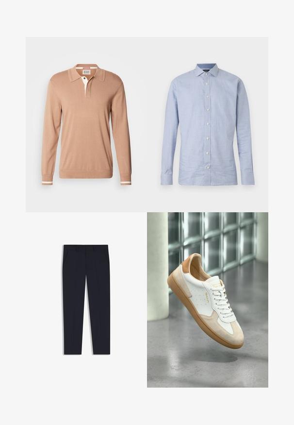 Scotch & Soda LONG SLEEVE POLO - Jersey de punto - tannin; Camisa de manga larga a cuadros azules y blancos con collar, botones frontales y una textura suave. Tejido ligero adecuado para superponer.; Pantalones azul marino con un corte ajustado, que cuentan con dos bolsillos frontales, un diseño plano en la parte delantera y una textura suave. Sin patrones ni adornos visibles.; Zapatilla blanca y beige con suela y talón en tono marrón claro, cordones blancos, marca "GANT" en el lateral y la lengüeta, suspendida sobre un suelo de hormigón pulido.