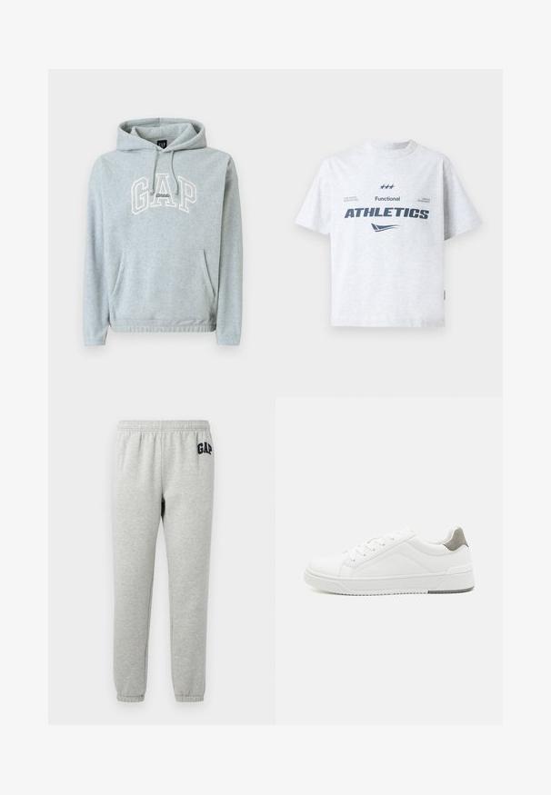 Grijze hoodie van een katoenmix met een voorvak, trekkoorden en een "GAP Athletic" logo in crèmekleur. Zachte textuur, ontspannen pasvorm, geribde manchetten en zoom.; Grijs katoenen t-shirt met korte mouwen, met marineblauwe tekst die "Functionele ATHLETIEK" zegt en aanvullende bedrukte details op de voorkant.; Grijze sweats met een elastische tailleband, cuffed enkels, en een marineblauwe "GAP" logo op de linker boven dij. Zachte, katoenen stofmix.; Witte sneaker van glad leer met een ronde neus, minimalistisch ontwerp, grijze hielaccent en een geplaatste rubberen zool.