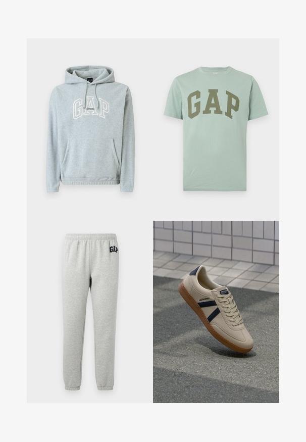 Grauer Kapuzenpullover aus Baumwollmischung mit einer Vordertasche, Kordeln und dem "GAP Athletic"-Logo in Creme. Weiche Textur, lockere Passform, gerippte Bündchen und Saum.; Hellgrünes kurzärmeliges Baumwoll-T-Shirt mit großem olivgrünem GAP-Logo, das quer über der Brust gedruckt ist.; Graue Jogginghose mit elastischem Bund, abgeklebten Knöcheln und einem dunkelblauen "GAP"-Logo auf dem linken Oberschenkel. Weicher Baumwollmischstoff.; Beige Sneaker mit strukturierter Oberfläche, dunkelblauen Streifen und Gummisohle. Verfügt über eine gepolsterte Zunge und ein traditionelles Schnürsystem für einen sicheren Sitz.