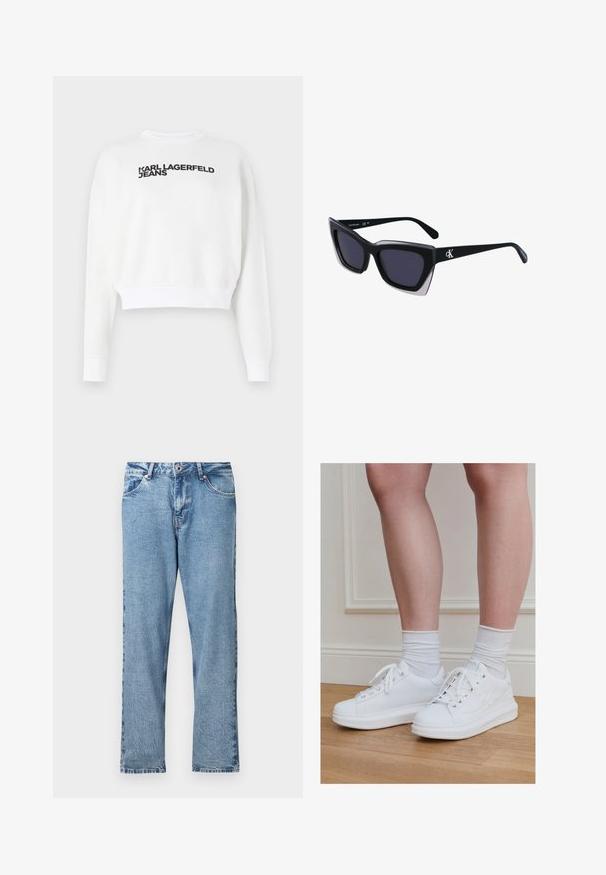 Λευκό cropped sweatshirt από φλις, με μακριά μανίκια και στρογγυλή λαιμόκοψη. Μαύρη εκτύπωση με την ένδειξη "KARL LAGERFELD JEANS" στο μπροστινό μέρος.; Ανοιχτό μπλε τζιν με ίσια γραμμή παντελονιού, διαθέτει φερμουάρ, πέντε τσέπες και διακριτική υφή με φθορές.; Πόδια με λευκές κάλτσες αστραγάλου και λευκά αθλητικά κορδόνια που στέκονται σε ξύλινο πάτωμα έναντι κρεμ πάνελ τοίχου.; Μαύρα υπερμεγέθη γυαλιά ηλίου με γεωμετρικό σχήμα, διαθέτοντας σκούρους φακούς και αντίθεση γκρίζα λεπτομέρεια στη σκελετό. Λογότυπο στον βραχίονα.