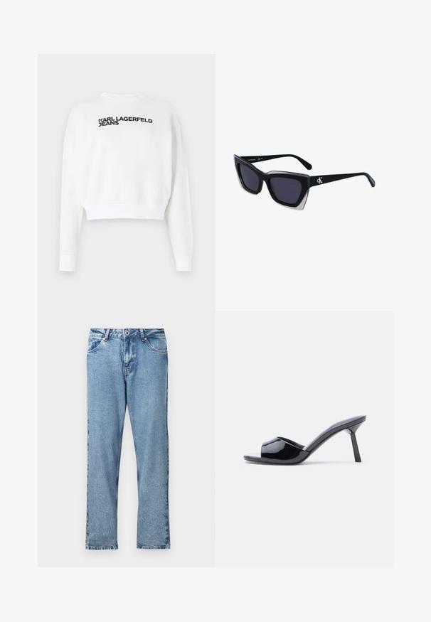 Λευκό cropped sweatshirt από φλις, με μακριά μανίκια και στρογγυλή λαιμόκοψη. Μαύρη εκτύπωση με την ένδειξη "KARL LAGERFELD JEANS" στο μπροστινό μέρος.; Ανοιχτό μπλε τζιν με ίσια γραμμή παντελονιού, διαθέτει φερμουάρ, πέντε τσέπες και διακριτική υφή με φθορές.; Μαύρες σανδάλια με ανοιχτά δάχτυλα από πατούρα λουστρίνι, με καμπυλωτό σχεδιασμό στο επάνω μέρος και λεπτό τακούνι στιλέτο. Λείος, γυαλιστερός φινίρισμα.; Μαύρα υπερμεγέθη γυαλιά ηλίου με γεωμετρικό σχήμα, διαθέτοντας σκούρους φακούς και αντίθεση γκρίζα λεπτομέρεια στη σκελετό. Λογότυπο στον βραχίονα.