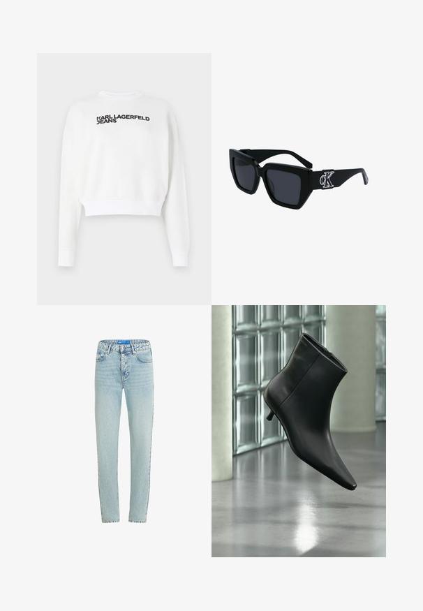 Biely skrátený mikina z fleece materiálu, s dlhými rukávmi a okrúhlym výstrihom. Na prednej strane v čiernej farbe je nápis "KARL LAGERFELD JEANS".; Svetlomodré deninové rifle so strihaťou, piatimi vreckami a zapínaním na gombík. Obsahujú vyblednuté oblasti a vystužené švy.; Čierna kožená členková čižma so špicatou špičkou a nízkym kitten podpätkom, zobrazená šikmo na pozadí leštenej podlahy a steny zo sklenených blokov.; Čierne slnečné okuliare s hranatým rámom, tmavé šošovky, matný povrch a strieborný detail loga CK na bočnej strane.