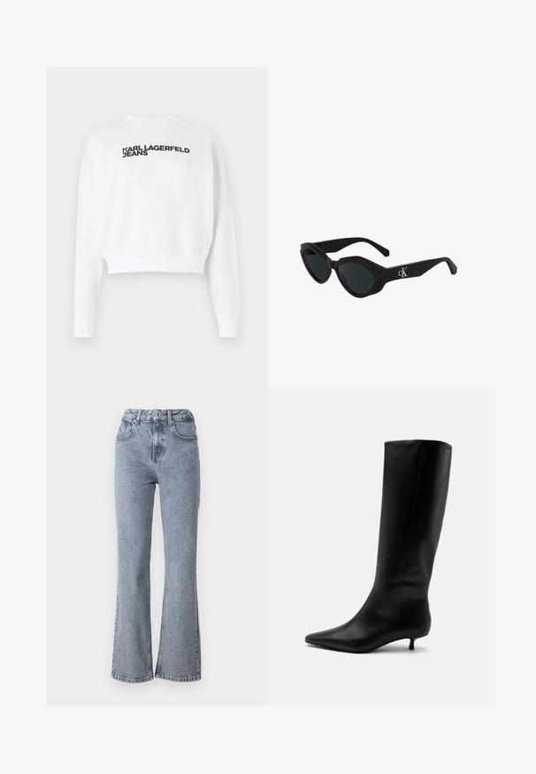 Valge lühendatud fliisist sviiter, millel on pikad varrukad ja ümmargune kaelus. Ees on must trükk "KARL LAGERFELD JEANS".; Laiendatud helesinised teksad denimist, millel on kõrge vöökoht, eesmine tasku ja klassikaline viie tasku disain, millel on kerge pleekimine.; Mustad nahast põlveni saabast, millel on terav nina ja madal kassikand, lihtsa heleda taustaga.; Mustad mustikate sarvklaasidega mustad kiisikujulised päikeseprillid, läikiva viimistlusega, tumedate objektiividega ja tempel on kaunistatud "cK" logoga. Nurklik disain ja paksud raamid.