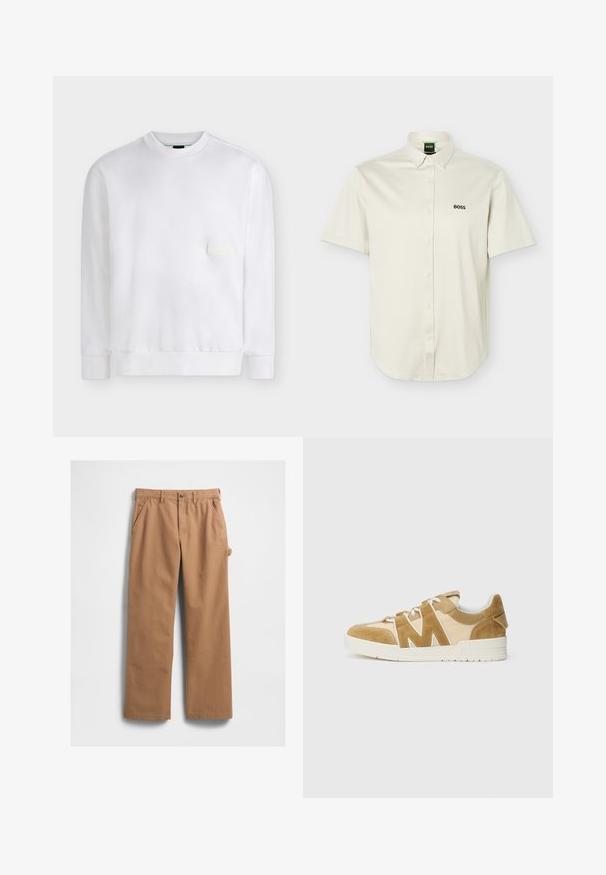 Sweat-shirt blanc à col rond avec manches longues et poignets et ourlet côtelés, avec un petit patch rectangulaire sur le côté gauche de la poitrine.; Chemise blanche à manches courtes avec boutons-pression, col boutonné, logo "BOSS" noir sur la poitrine, et étiquette verte à l'intérieur du col.; Pantalon en coton beige à coupe droite, avec poches latérales et une poche à outils sur le côté. La texture du tissu est lisse et solide.; Baskets beige et marron avec un mélange de suède et de maille, dotées d'un design découpé distinct en forme de 'M', de lacets blancs et d'une semelle en caoutchouc texturée.