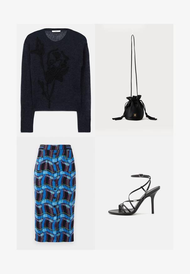 Marineblauer Pullover aus weichem Garn mit einem strukturierten schwarzen Blumenstickdesign auf der Vorderseite und einem klassischen Rundhalsausschnitt.; Knie-lange Bluse in Blau mit einem mehrfarbigen Wellenmuster, ausgestattet mit einem schwarzen Bund, vorderen Knöpfen und zwei seitlichen Taschen.; Schwarze High-Heel-Sandale mit dünnen Riemen, einem Knöchelverschluss, einer glatten Lederoberfläche und einem schlanken Stiletto-Absatz.; Schwarze Bucket Bag mit Kordelzug, langem dünnem Riemen und kleinem goldenem quadratischem Logo vorne, vor einfachem Hintergrund präsentiert.