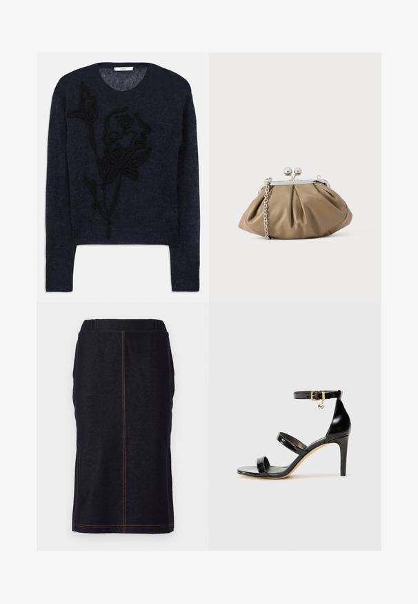 Navy blå sweater lavet af blødt garn med et struktureret sort blomsterbroderi på forsiden og en klassisk rund hals.; Denim blyantnederdel i mørkeblå med lige snit og sideslidser, med kontrastfarvet orange syninger langs sømmene. Elastisk talje for komfort.; Sorte patenterede lædersandaler med tre stropper, ankelspænde og 10 cm stiletthæl. Har detaljer i guld og et logo charms.; Læderclutch i blød beige med afrundet form, plisseret tekstur, sølvfarvet kiss-lock lukning og aftagelig kæderem.