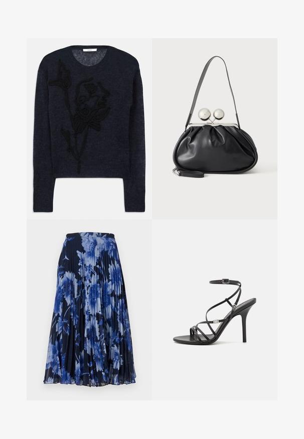 Navy blå sweater lavet af blødt garn med et struktureret sort blomsterbroderi på forsiden og en klassisk rund hals.; Plisseret nederdel i en mørk navy stof med et stort blomstermotiv i forskellige nuancer af blå. Elastisk talje for komfort.; Sort højhælet sandal med tynde stropper, en ankelspænde, en glat læderoverflade og en slank stilethæl.; Sort læderhåndtaske med opsamlet design, en enkelt rem, sølv metalramme og to store runde sølv lukninger.