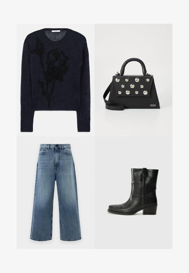 Navy blå sweater lavet af blødt garn med et struktureret sort blomsterbroderi på forsiden og en klassisk rund hals.; Lyseblå vide jeans lavet af denim, med høj talje, forlommer og klassisk syning. Ingen synlige dekorationer.; Sort læder ankelstøvle med rundt tå, blokhæl, lynlås i siden og stikninger på vampsiden. Glat tekstur, klassisk design.; Sort håndtaske med en struktureret form, der har et håndtag på toppen, skulderrem og dekorative metalnitter på forsiden.
