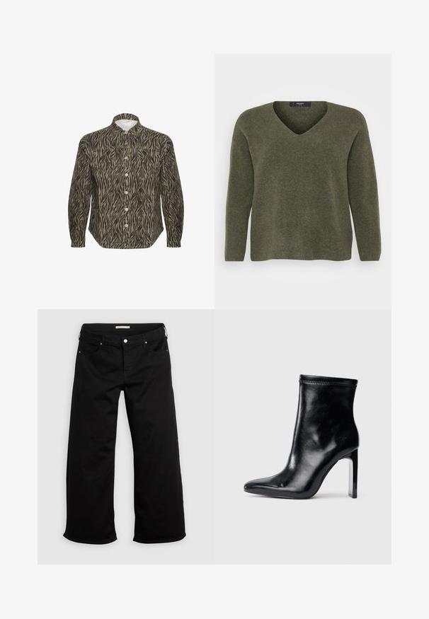 Pull à col en V de couleur olive, fabriqué en matière tricotée douce, doté de manches longues et d'une coupe décontractée, avec une texture subtile et un ourlet côtelé.; Chemise à boutons dans un motif zèbre beige et noir, avec un col structuré, des manches longues et des boutons avant bien en évidence.; Pantalon noir à jambes larges avec fermeture par bouton et fermeture éclair, passants pour ceinture, et poches avant et arrière sur un fond clair uni.; Bottine en cuir noir avec un bout pointu et un talon transparent haut. Texture lisse et finition minimaliste sur le dessus.
