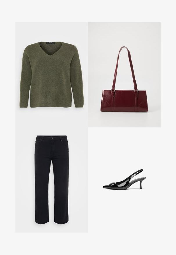Suéter verde oliva de cuello en V, hecho de material de punto suave, con mangas largas y un corte relajado, con una textura sutil y dobladillo acanalado.; Jeans de denim negro con un diseño de pierna recta. Las características incluyen un cierre de botón en la cintura, trabillas para cinturón y bolsillos delanteros y traseros. Textura suave.; Tacones slingback de charol negro con punta afilada y acabado brillante. Presentan un tacón delgado y un acento redondeado en el empeine.; Bolso burdeos hecho de material brillante, de forma rectangular, con dos asas para el hombro y sutiles acentos curvados en la parte frontal.