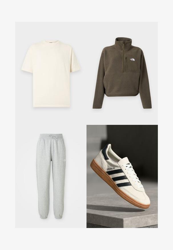 Pull polaire vert olive avec col montant, fermeture zippée au quart et poche avant zippée. Logo blanc sur la poitrine. Coupe courte.; T-shirt en coton crème à manches courtes, col rond, avec un petit logo sur le devant. Design simple, texture douce, et coupe décontractée.; Pantalon de jogging gris avec une taille élastique et un cordon de serrage. Le tissu est doux, avec des poignets élastiques à la cheville et un accent de logo.; Baskets en daim blanc avec des bandes navy, semelle en caoutchouc gomme, tige texturée, bout rond et lacets ; arbore un logo sur le côté et sur la languette.