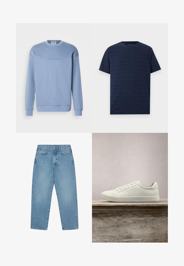 Lyseblå crewneck sweatshirt lavet af blødt stof, med teksten "SCOTCH & SODA" i en diskret skrifttype på brystet. Lange ærmer, ribbede manchetter.; Mørkeblå T-shirt med korte ærmer og rund hals med subtile horisontale striber og tekstureret stof, vist på en ensfarvet baggrund.; Lyseblå denimjeans med lige ben, fem-lomme design og en let falmet struktur. Indeholder knap- og lynlåslukning.; Hvide snørresneakers svævende over en træbænk med grønne planter i baggrunden, der fremhæver skodesign og tekstur.