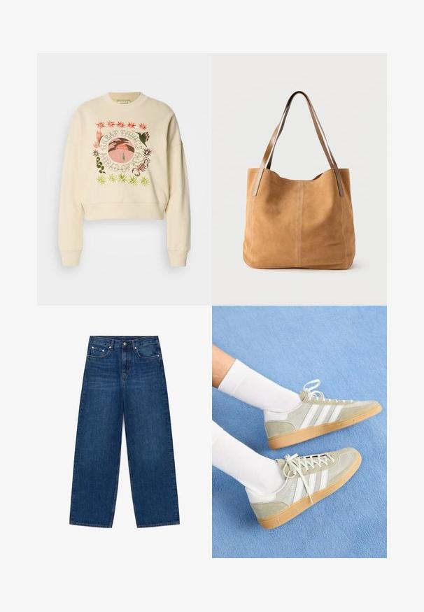 Sudadera corta de color crema con un gráfico redondo que presenta plantas, un atardecer y el texto "GRANDES COSAS TE ESPERAN" en colores variados.; Vaqueros azules de pierna ancha con diseño de cinco bolsillos y cierre de botón, presentados planos sobre un fondo blanco.; Zapatillas de ante gris claro con acentos de goma blanca, que presentan tres franjas blancas y una suela de goma, llevadas con calcetines blancos sobre un fondo azul.; Bolso tote de ante color bronceado con largas asas de cuero marrón claro, textura suave y costuras sencillas sobre un fondo blanco liso.