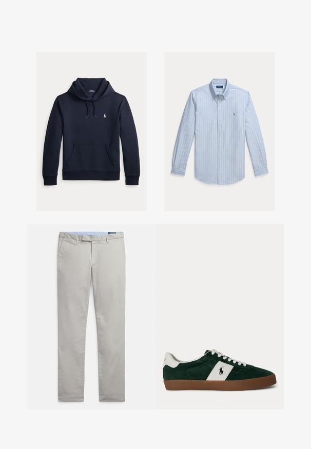 Sudadera con capucha azul navy oscuro con bolsillo canguro delantero, capucha con cordón, mangas largas y pequeño logo blanco de Polo Ralph Lauren en el pecho.; Camisa de manga larga azul claro con rayas verticales blancas y un pequeño logo bordado de Polo Ralph Lauren en el pecho.; Pantalones chinos gris claro hechos de tejido de algodón suave, con un diseño clásico, piernas rectas, bolsillos laterales y un acabado limpio en los dobladillos.; Zapatilla deportiva de ante verde oscuro con franja lateral blanca, cordones blancos, suela marrón y logo de Polo Ralph Lauren en el lateral y el talón.