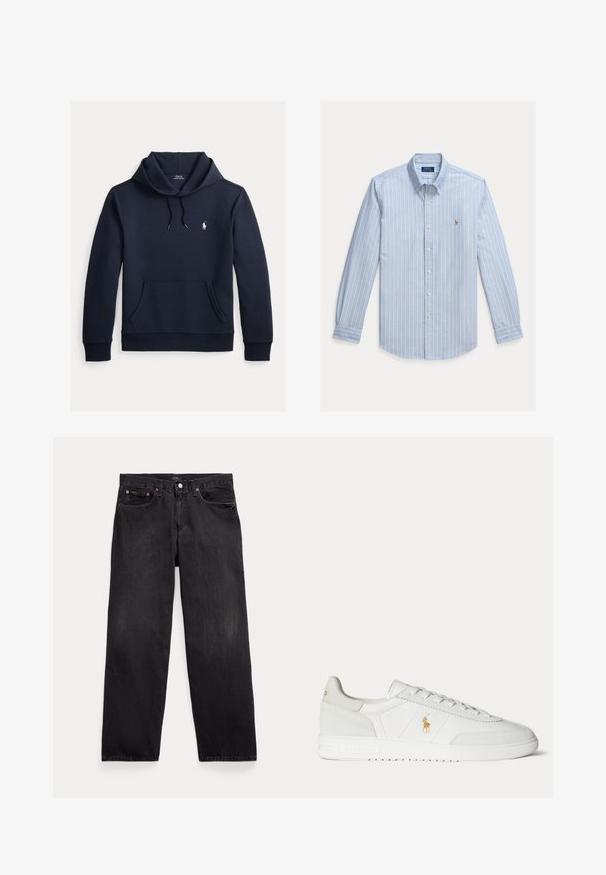 Dunkel marineblauer Kapuzenpullover mit vorderer Kängurutasche, Kapuzenkordel, langen Ärmeln und kleinem weißen Polo Ralph Lauren Logo auf der Brust.; Hellblaues Langarm-Hemd mit weißen vertikalen Streifen und einem kleinen gestickten Polo Ralph Lauren Logo auf der Brust.; Schwarze Jeans mit geradem Bein, fünf Taschen, Knopfverschluss und sichtbaren Metallnieten an den vorderen Taschen.; Weißer Sneaker in niedriger Ausführung mit Schnürdesign, goldenem Polo Ralph Lauren Logo an der Seite und strukturierter Sohle auf einfarbigem Hintergrund.