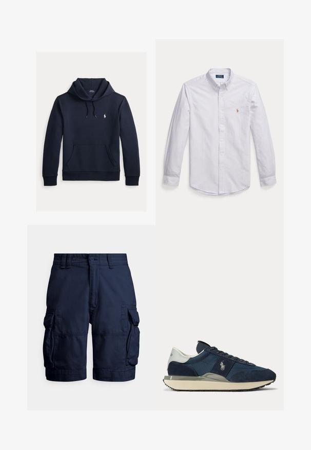 Tume merevärvi kapuutsiga dressipluus esiküljel kengurutasku, kapuuts nööriga, pikad varrukad ja väike valge Polo Ralph Laureni logo rinnal.; Valge ja helesinise vertikaalselt triibuline pika varrukaga nööbidega särk, millel on krae ja väike tikandiga logo rinnal.; Tumesinised lahtised püksid vastupidavast kangast, millel on küljetaskud, nööbiga kinnis ning õmmeldud detailid tekstuuri lisamiseks.; Tumesinine ja valge tennisking, millel on seemisnaha ja kangastega detailid, valge logo küljel, valge kandurib, ning beež tald musta tallaga.
