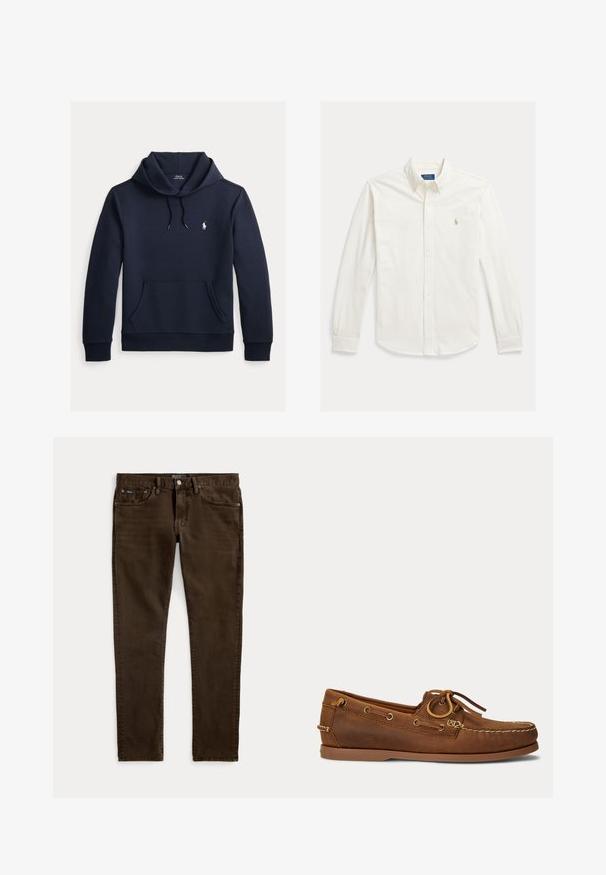 Donker marineblauwe hoodie met voorkangoeroezak, capuchon met trekkoord, lange mouwen en klein wit Polo Ralph Lauren-logo op de borst.; Wit overhemd met lange mouwen, knopen en kraag, met Polo Ralph Lauren-logo geborduurd op de linkerborst.; Slim-fit donkerbruine jeans met vijf zakken, knoop- en ritssluiting, en zichtbare Polo-merkenlabels op de tailleband en voorzak.; Bruine leren bootschoen met mocassinnaad, veterdetail doorgedreven door metalen oogjes en een platte rubberen zool, gezien van opzij.