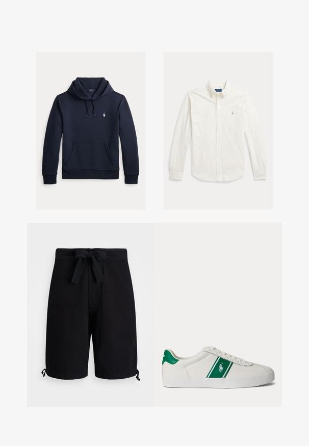 Dunkel marineblauer Kapuzenpullover mit vorderer Kängurutasche, Kapuzenkordel, langen Ärmeln und kleinem weißen Polo Ralph Lauren Logo auf der Brust.; Weißes langärmeliges Hemd mit Knopfleiste und Kragen, mit Polo Ralph Lauren-Logo auf der linken Brustseite bestickt.; Schwarze Badehose aus leichtem Stoff, mit einem Kordelzug an der Taille und verstellbaren Toggle-Details an den Säumen.; Weißer Sneaker in Low-Top-Form mit grünem Streifen und Polo-Logo an der Seite, grünem Fersenlaschen und weißen Schnürsenkeln, von der linken Seite vor neutralem Hintergrund dargestellt.