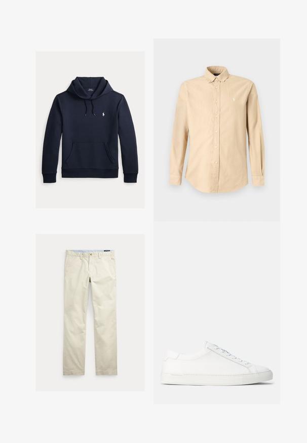 Tmavomodrá mikina s kapucňou so šnúrkou, predným klokanie vreckom, dlhými rukávmi a malým bielym logom Polo Ralph Lauren na hrudi.; Béžová košeľa s dlhým rukávom na gombíky s golierom, s malým bielym vyšívaným logom na ľavej strane hrude.; Béžové bavlnené nohavice s rovnými nohavicami, opaskové pútká, predné zapínanie na gombík, zips a bočné vrecká.; Biele kožené tenisky s hladkým povrchom, zaobleným tvarom, plochou gumenou podrážkou a bielymi šnúrkami. Majú minimalistický dizajn a nenápadné branding.