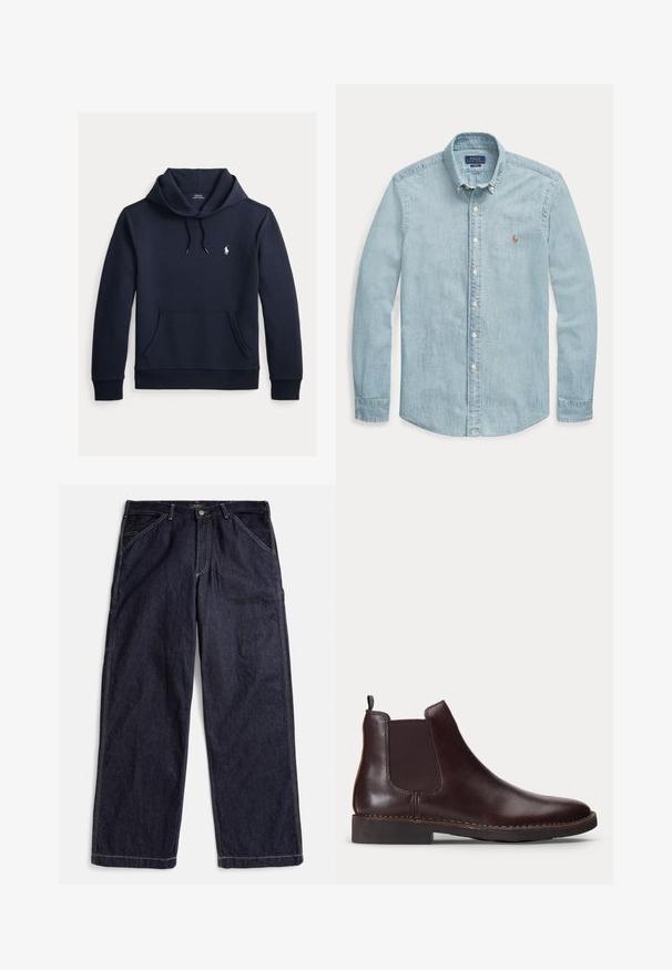 Donker marineblauwe hoodie met voorkangoeroezak, capuchon met trekkoord, lange mouwen en klein wit Polo Ralph Lauren-logo op de borst.; Lichtblauw denimshirt met lange mouwen, button-down kraag, witte knopen en een klein geborduurd Polo Ralph Lauren-logo op de borst.; Donkerblauwe denim spijkerbroek met rechte pijpen, contrasterende stiksels, kleine lussen voor een riem en voorzakken, plat liggend op een witte achtergrond.; Donkerbruine leren Chelsea-boot met elastisch zijpaneel en lage hak, weergegeven in profiel op een witte achtergrond.