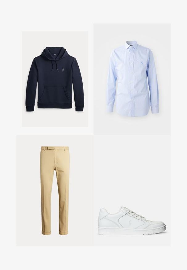 Donker marineblauwe hoodie met voorkangoeroezak, capuchon met trekkoord, lange mouwen en klein wit Polo Ralph Lauren-logo op de borst.; Lichtblauw gestreept overhemd met lange mouwen van katoen. Beschikt over een button-down kraag, een knopenlijst met knopen en een geborduurd logo op de borst.; Beige op maat gemaakte herenbroek met riemlussen en omgeslagen pijpen, getoond tegen een effen lichte achtergrond.; Witte leren sneaker met een gladde textuur, voorzien van een geperforeerde neus, vetersluiting en geborduurde logo aan de zijkant. Witte rubberen zool.