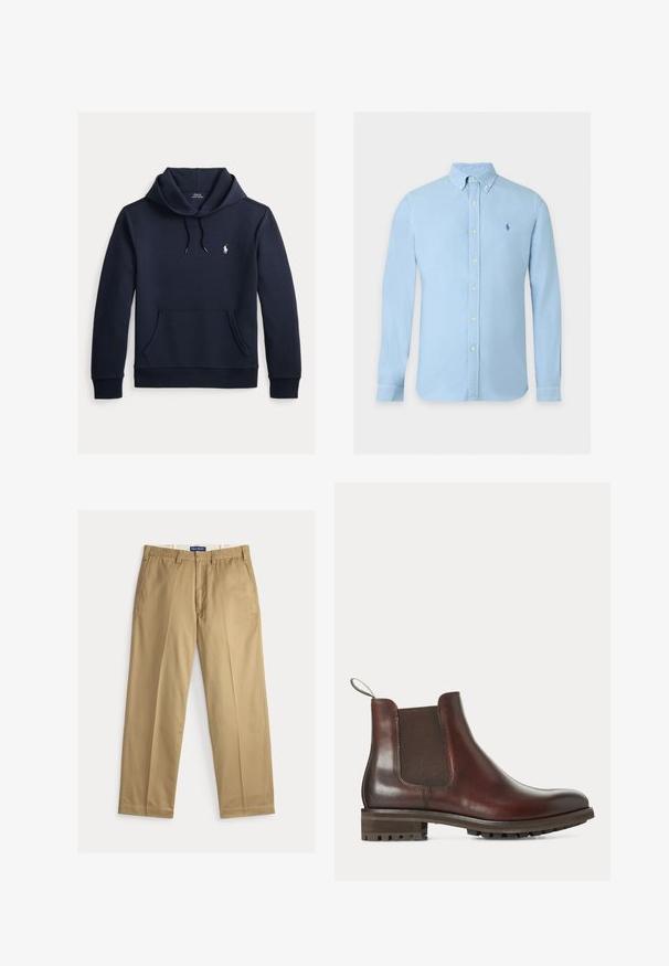 Mørk navyblå hættetrøje med front kangurulomme, snøre i hætten, lange ærmer og lille hvid Polo Ralph Lauren-logo på brystet.; Lyseblå skjorte med lange ærmer, knapper foran, knaplukket krave og lille broderet logo på venstre bryst.; Beige chinos lavet af bomuldsstof. Design med lige ben, flad front, to sidelommer og en talje med knaplukning.; Brun læder Chelsea-støvle med elastisk sidepanel, træksløjfe ved hælen og chunky gummisål med slidbaner.