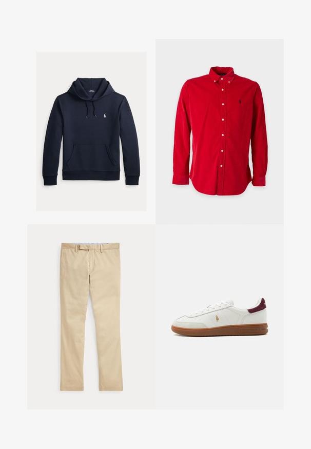 Tmavomodrá mikina s kapucňou so šnúrkou, predným klokanie vreckom, dlhými rukávmi a malým bielym logom Polo Ralph Lauren na hrudi.; Červená dlhá košeľa s gombíkmi, golierom a malým vyšívaným logom na ľavej strane hrudníka, zobrazená na jednofarebnom pozadí.; Béžové nohavice s rovnými nohavicami, s pútkami na opasok a predným zipsom, položené na bielom pozadí.; Biely nízky teniska s hnedou gumovou podrážkou, zlatým logom hráča póla na boku, bielymi šnúrkami a bordovým semišovým pásikom na päte, značka Ralph Lauren.