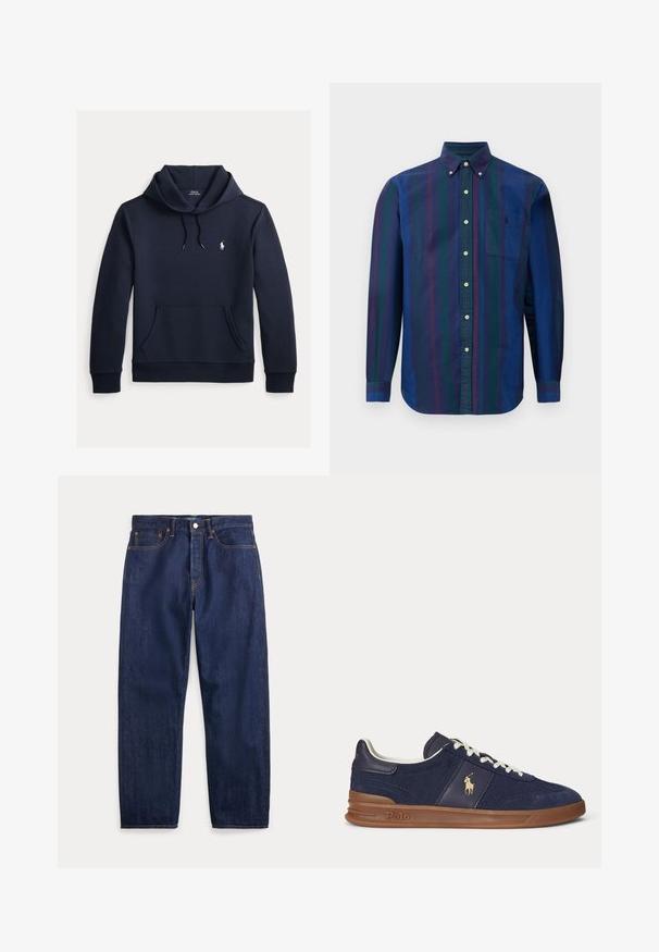 Dunkel marineblauer Kapuzenpullover mit vorderer Kängurutasche, Kapuzenkordel, langen Ärmeln und kleinem weißen Polo Ralph Lauren Logo auf der Brust.; Hemd mit Knopfleiste und vertikalen Streifen in Dunkelblau, Grün und Kastanienbraun. Hergestellt aus einem Stoff mit glatter Textur und ausgestattet mit einer Brusttasche.; Dunkelblaue Jeans aus Denim mit geraden Beinen, fünf Taschen, Knopfverschluss und sichtbaren Nähten.; Marineblaue Low-Top-Sneaker mit weißen Schnürsenkeln, brauner Sohle und Polo-Spieler-Logo an der Seite, von links betrachtet.