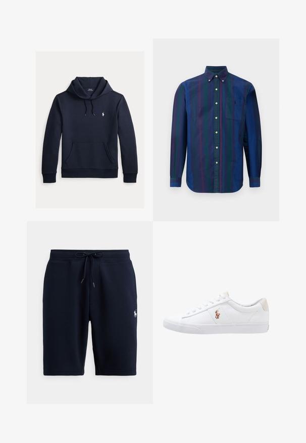 Dunkel marineblauer Kapuzenpullover mit vorderer Kängurutasche, Kapuzenkordel, langen Ärmeln und kleinem weißen Polo Ralph Lauren Logo auf der Brust.; Hemd mit Knopfleiste und vertikalen Streifen in Dunkelblau, Grün und Kastanienbraun. Hergestellt aus einem Stoff mit glatter Textur und ausgestattet mit einer Brusttasche.; Marineblaue Baumwoll-Sportshorts mit elastischem Bund, Kordelzug und Logo-Akzent auf der linken Seite. Glatte Textur, knielang.; Weiße Leinensneaker im Low-Top-Design mit einem beigen Ferseneinsatz und einem kleinen gestickten Logo an der Seite. Gummisohle.