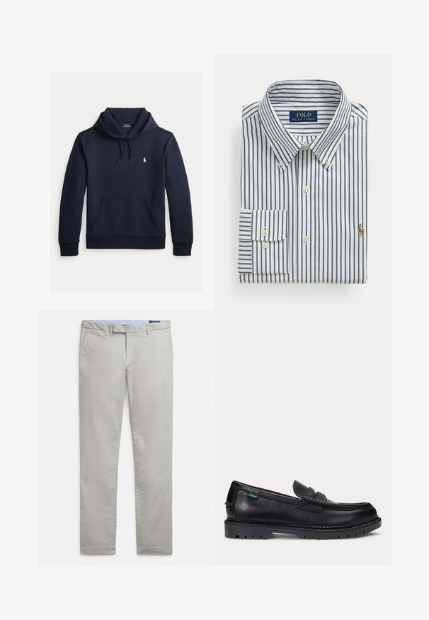Sudadera con capucha azul navy oscuro con bolsillo canguro delantero, capucha con cordón, mangas largas y pequeño logo blanco de Polo Ralph Lauren en el pecho.; Camisa blanca de vestir doblada con rayas verticales azul marino, cuello abotonado y logo de Polo Ralph Lauren bordado en el pecho.; Pantalones chinos gris claro hechos de tejido de algodón suave, con un diseño clásico, piernas rectas, bolsillos laterales y un acabado limpio en los dobladillos.; Mocasín de cuero negro con suela gruesa estriada y pequeña etiqueta verde "Polo" en el lado exterior cerca del talón.