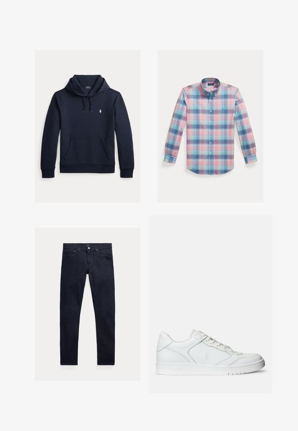 Tmavomodrá mikina s kapucňou so šnúrkou, predným klokanie vreckom, dlhými rukávmi a malým bielym logom Polo Ralph Lauren na hrudi.; Bavlnená košeľa na gombíky s viacfarebným károvaným vzorom v odtieňoch ružovej, modrej a zelenej. Má rozšírený golier a dlhé rukávy.; Tmavomodré džínsy z denimu s úzkym strihom. Majú päť vreciek, zips a kovové zapínanie na gombík. Hladká textúra s minimálnym vyblednutím.; Biele kožené tenisky s hladkým povrchom, obsahujúce perforovanú špičku, šnúrkové uzatvorenie a vyšívané logo na boku. Biela gumová podrážka.