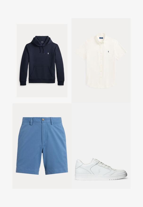 Sweat à capuche bleu marine foncé avec poche kangourou à l'avant, capuche à cordon, manches longues et petit logo blanc Polo Ralph Lauren sur la poitrine.; Chemise blanche à manches courtes, boutonnée avec un col et petit logo Polo Ralph Lauren bleu marine sur la poitrine gauche.; Shorts décontractés bleus pour hommes avec passants de ceinture, bouton sur le devant et fermeture éclair sur un fond uni clair.; Baskets en cuir blanc avec une texture lisse, présentant un bout perforé, un système de laçage et un logo brodé sur le côté. Semelle en caoutchouc blanc.