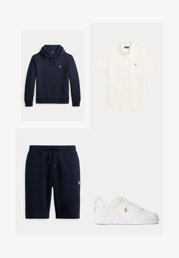 Tume merevärvi kapuutsiga dressipluus esiküljel kengurutasku, kapuuts nööriga, pikad varrukad ja väike valge Polo Ralph Laureni logo rinnal.; Valge lühikeste varrukatega nööbitav särk kraega ja väikese tumerohelise Polo Ralph Laureni logoga vasakul rinnal.; Tumesinised puuvillased spordipüksid elastse vöökoha, pingutuspaela ja vasakul küljel oleva logoga. Sile tekstuur, põlvepikkused.; Valged madala säärega nahast tossud valgete nööpide ja külgedel kuldse Polo Ralph Laureni logoga ning "Polo" tallale reljeefselt pressitud.
