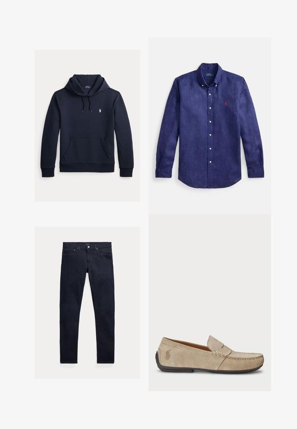 Dark navy blue hoodie with front kangaroo pocket, drawstring hood, long sleeves, and small white Polo Ralph Lauren logo on chest.; Navy blue linen long-sleeve shirt with button-down collar, front placket, and small red embroidered logo on the left chest.; Dark blue denim jeans with a slim fit. Features five pockets, a zip fly, and a metallic button closure. Smooth texture with minimal fading.; Beige suede loafers with a stitched detail, flat rubber sole, and a small logo on the side. Classic slip-on design, soft texture.