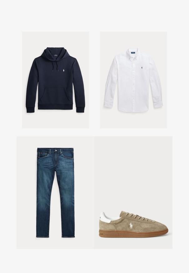 Tume merevärvi kapuutsiga dressipluus esiküljel kengurutasku, kapuuts nööriga, pikad varrukad ja väike valge Polo Ralph Laureni logo rinnal.; Valge pikkade varrukatega trukkidega särk terava kraega, millel on vasakul rinnal väike tumesinine logo ja kollased trukid. Sile kangatekstuur.; Tumesinised kitsad teksad esiküljel nööbi ja tõmblukuga, viie taskuga ning peene tuhmumisega reite ja põlvede eesosas.; Tammepunased sneakers, millel on valged aktsendid, ümmargune varvas ja nööridega disain. Omab rikka logot ja kummi tallat, mis tagavad hea haarde.