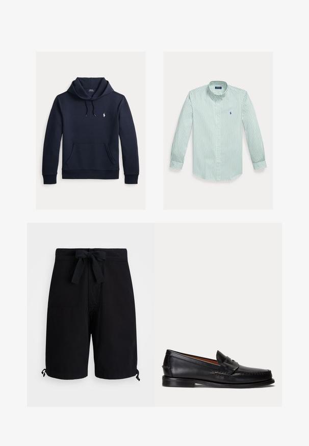 Donker marineblauwe hoodie met voorkangoeroezak, capuchon met trekkoord, lange mouwen en klein wit Polo Ralph Lauren-logo op de borst.; Overhemd met knopen in groene en witte verticale strepen, gemaakt van katoen. Heeft een klassieke kraag, lange mouwen en een klein logo op de borst.; Zwarte zwemboxers van lichtgewicht stof, voorzien van een trekkoord in de taille en verstelbare details aan de zoom.; Zwarte leren loafer met lage hak en penny-strap detail, van opzij getoond op een lichtgrijze achtergrond.