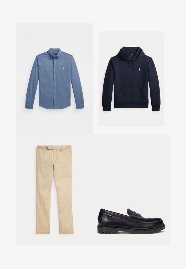 Tmavomodrá mikina s kapucňou so šnúrkou, predným klokanie vreckom, dlhými rukávmi a malým bielym logom Polo Ralph Lauren na hrudi.; Košeľa na gombíky v svetlom modrom odtieni, vyrobená z bavlny, s dlhými rukávmi a gombíkovými manžetami, klasickým golierom a vyšitým logom na hrudi.; Béžové nohavice s rovnými nohavicami, s pútkami na opasok a predným zipsom, položené na bielom pozadí.; Čierny kožený mokasín s hrubou drsnou podrážkou a malou zelenou značkou "Polo" na vonkajšej strane pri päte.