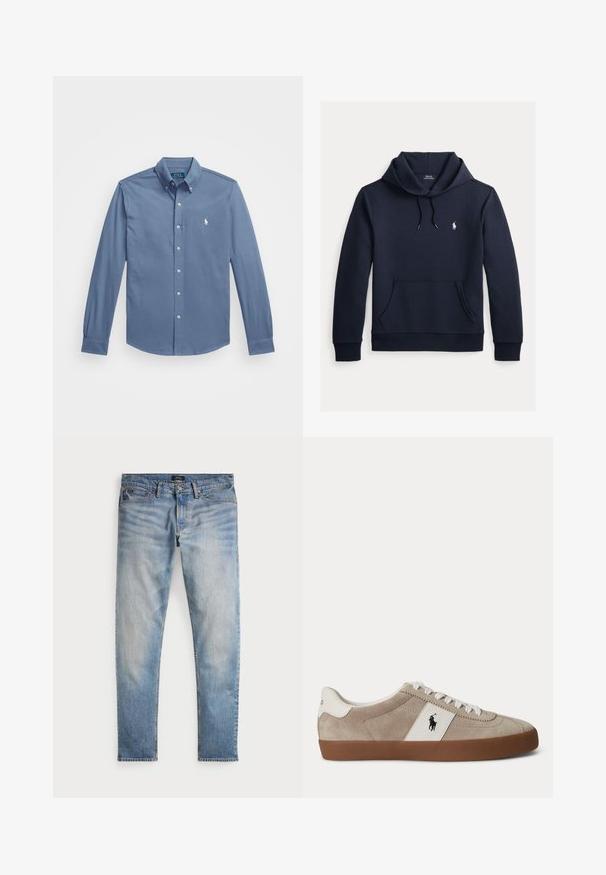 Tmavomodrá mikina s kapucňou so šnúrkou, predným klokanie vreckom, dlhými rukávmi a malým bielym logom Polo Ralph Lauren na hrudi.; Košeľa na gombíky v svetlom modrom odtieni, vyrobená z bavlny, s dlhými rukávmi a gombíkovými manžetami, klasickým golierom a vyšitým logom na hrudi.; Svetlomodré denimové nohavice s bledým povrchom, dizajnom na päť vreciek a kontrastným prešívaním. Obsahujú zips a pútka na opasok. Rovný strih.; Béžová semišová nízka teniska s bielymi šnúrkami, bielym koženým prvkom s čiernym logom koňa a hnedou gumovou podrážkou.