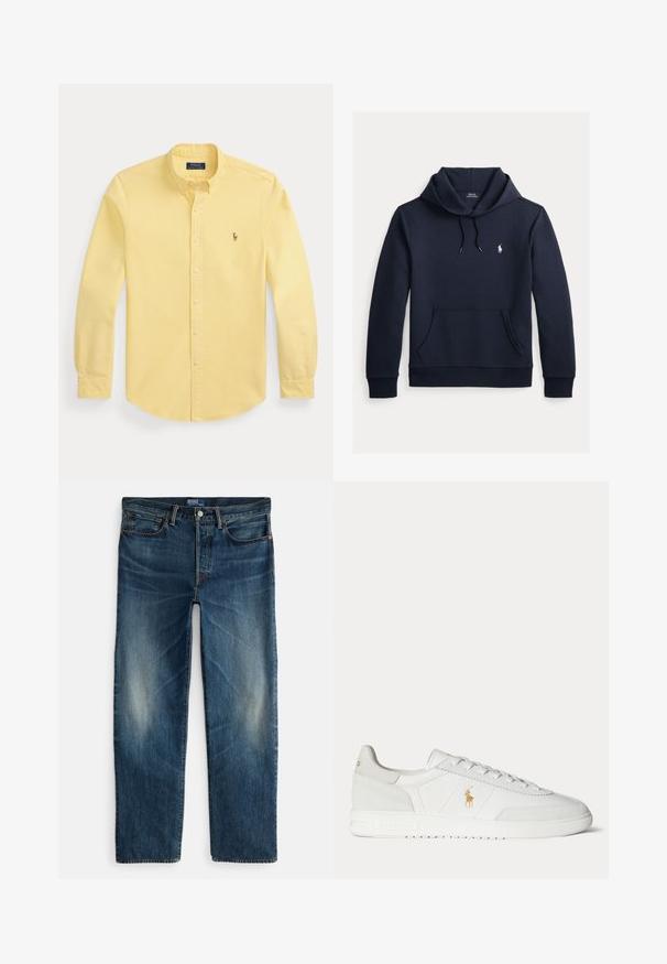 Tummansininen huppari, jossa on edessä kengurutasku, kiristysnauha hupussa, pitkät hihat ja pieni valkoinen Polo Ralph Lauren -logo rinnassa.; Keltainen pitkähihaisen napillinen kauluksellinen paita, jossa vasemmalla rinnalla pieni kirjailtu logo, asetettuna tasaisesti valkoiselle taustalle.; Indigon siniset farkut, joissa on suora lahje, viiden taskun malli ja hentoa haalistumaa reisien kohdalla. Metallinen nappi ja vetoketjukiinnitys.; Valkoinen matala kenkäinen tennari nyörityksellä, kultainen Polo Ralph Lauren -logo sivulla ja kuvioitu pohja tasaisella taustalla.