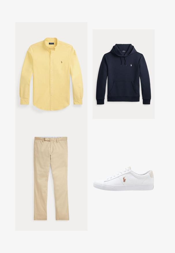 Tume merevärvi kapuutsiga dressipluus esiküljel kengurutasku, kapuuts nööriga, pikad varrukad ja väike valge Polo Ralph Laureni logo rinnal.; Pikamaa kollane nööbitav särk kraega, vasakul rinnal väike tikitud logo, asetatud valgele taustale.; Beeži sirgete säärega püksid vööaasade ja ees oleva tõmblukuga, laotatud tasaselt valgele taustale.; Valge kanvasest tennis, madala lõikega disain, millel on beež kontsapink ja väike tikitud logo küljel. Kummi välissole.