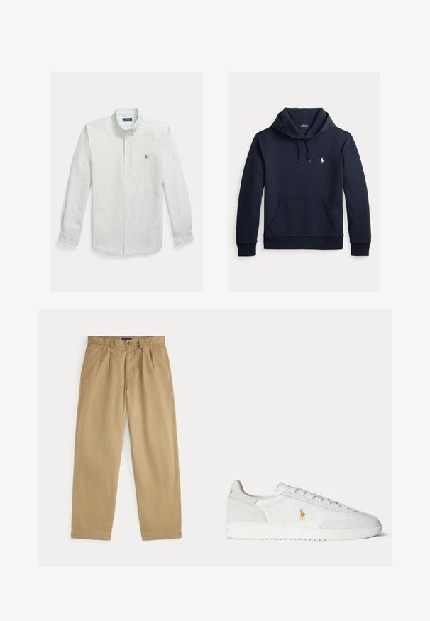 Mørk marineblå hettegenser med kengurulomme foran, snor i hetten, lange ermer og liten hvit Polo Ralph Lauren-logo på brystet.; Lysegrønn og hvit stripete cottonskjorte med knapper, med klassisk krage og lite brodert logo på brystet.; Beige skreddersydde bukser med rette ben, beltestropper, knappelukking og frontplisseringer, lagt flatt på hvit bakgrunn.; Hvit lavtoppet joggesko med snøring, gullfarget Polo Ralph Lauren-logo på siden og teksturert såle på ensfarget bakgrunn.