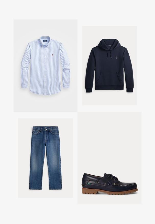Tume merevärvi kapuutsiga dressipluus esiküljel kengurutasku, kapuuts nööriga, pikad varrukad ja väike valge Polo Ralph Laureni logo rinnal.; Hele sinine ja valge triibuline nööpidega ees sirge pluus, millel on krae, pikad varrukad ja väike logo rinnal. Puuvillane materjal.; Otse lõikega sinised teksapüksid pleekinud detailidega, viie tasku, vööaasade ja nööbi ning tõmblukuga sulgemine, sees Polo Ralph Laureni silt.; Tumesinine nahast paatinahk pruunast kummist tallaga, valge õmblusega, paeltega ja väike roheline Polo silt külje peal.