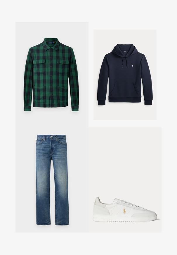 Sudadera con capucha azul navy oscuro con bolsillo canguro delantero, capucha con cordón, mangas largas y pequeño logo blanco de Polo Ralph Lauren en el pecho.; Camisa de cuadros verde y negra, hecha de tela, con cierre de botones en la parte delantera, dos bolsillos en el pecho y mangas largas con puños abotonados.; Vaqueros azul desgastado de pierna recta con cierre frontal de botón y cremallera, trabillas para cinturón y bolsillos delanteros sobre fondo liso.; Zapatilla blanca de caña baja con diseño de cordones, logo dorado de Polo Ralph Lauren en el lateral y suela texturizada sobre un fondo liso.