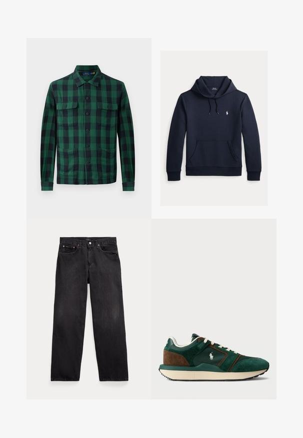 Mørk navyblå hættetrøje med front kangurulomme, snøre i hætten, lange ærmer og lille hvid Polo Ralph Lauren-logo på brystet.; Grøn- og sortternet skjorte lavet af stof med knaplukning foran, to brystlommer og lange ærmer med knapmanchetter.; Sorte denim jeans med lige ben, fem lommer, knaplukning og synlige metalnitter på forlommerne.; Herresneakers i mørkegrøn og brun ruskind, med mesh-paneler, hvide snørebånd og en gummisål. Har et logo på siden.