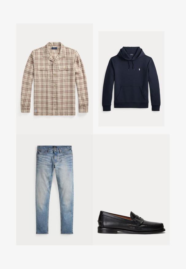 Dunkel marineblauer Kapuzenpullover mit vorderer Kängurutasche, Kapuzenkordel, langen Ärmeln und kleinem weißen Polo Ralph Lauren Logo auf der Brust.; Beige-weiß kariertes Hemd mit langen Ärmeln, Knopfleiste, Kragen und zwei Brusttaschen, Polo Ralph Lauren Etikett sichtbar innen am Kragen.; Helle blaue Denim-Jeans mit einem ausgewaschenen Finish, Fünf-Taschen-Design und kontrastierenden Nähten. Mit Reißverschluss und Gürtelschlaufen. Gerade geschnitten.; Schwarzer Lederloafer mit niedrigem Absatz und Pennyriemendetail, von der Seite auf hellgrauem Hintergrund gezeigt.