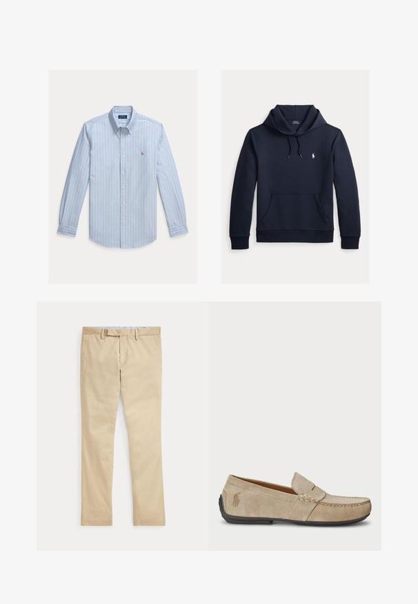 Tmavomodrá mikina s kapucňou so šnúrkou, predným klokanie vreckom, dlhými rukávmi a malým bielym logom Polo Ralph Lauren na hrudi.; Svetlomodrá košeľa s dlhým rukávom na gombíky s bielymi vertikálnymi pruhmi a malým vyšívaným logom Polo Ralph Lauren na hrudi.; Béžové nohavice s rovnými nohavicami, s pútkami na opasok a predným zipsom, položené na bielom pozadí.; Béžové semišové mokasíny s prešívaním, plochou gumenou podrážkou a malým logom na strane. Klasický dizajn na obúvanie, mäkká textúra.
