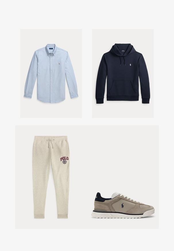 Donker marineblauwe hoodie met voorkangoeroezak, capuchon met trekkoord, lange mouwen en klein wit Polo Ralph Lauren-logo op de borst.; Lichtblauw overhemd met lange mouwen, witte verticale strepen en een klein geborduurd Polo Ralph Lauren-logo op de borst.; Beige joggingbroek met trekkoord, zijzakken en rood "POLO"-logo en embleem op de bovenste linker dij.; Beige en marineblauwe Polo casual sneaker met witte zool, bovenwerk van mesh en suède, vetersluiting en Polo-logo op de zijkant en hiel.