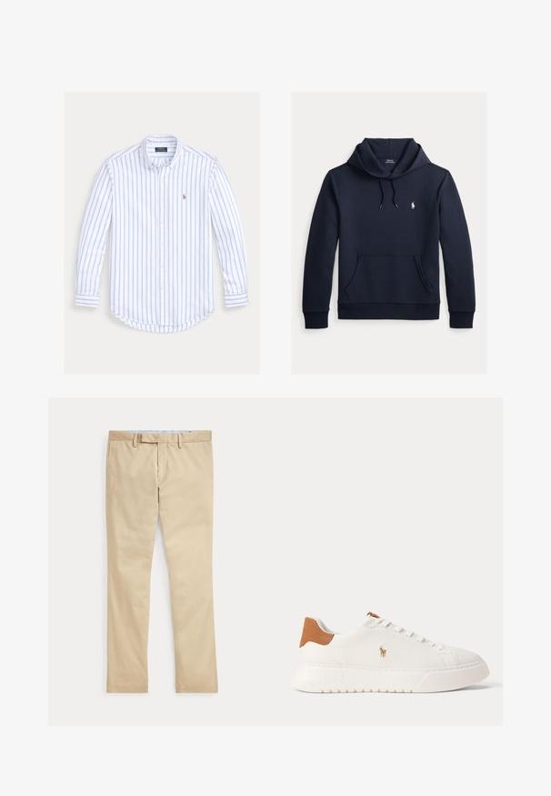 Tume merevärvi kapuutsiga dressipluus esiküljel kengurutasku, kapuuts nööriga, pikad varrukad ja väike valge Polo Ralph Laureni logo rinnal.; Pikema varrukaga nööpidega särk, helesiniste vertikaalsete triipudega ja väike tikandiga logo vasakul rinnal.; Beeži sirgete säärega püksid vööaasade ja ees oleva tõmblukuga, laotatud tasaselt valgele taustale.; Valged madala säärega tossud, pruun kannaosa, valged paelad ja väike tikandiga polo mängija logo külje peal paksu taldmiku kohal.