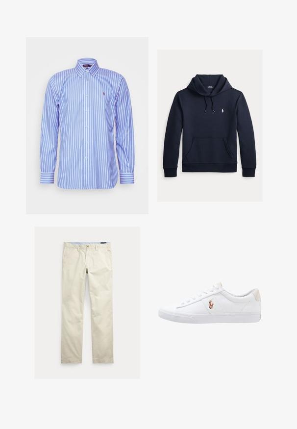 Donker marineblauwe hoodie met voorkangoeroezak, capuchon met trekkoord, lange mouwen en klein wit Polo Ralph Lauren-logo op de borst.; Polo Ralph Lauren CUSTOM FIT STRIPED PINPOINT OXFORD SHIRT - Overhemd - blue/white; Beige katoenen broek met rechte pijpen, riemlussen, voorste knoop, ritssluiting en zijzakken.; Witte canvas sneakers met een laag ontwerp, featuring een beige hieltab en een klein geborduurd logo aan de zijkant. Rubber zool.